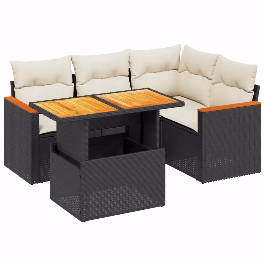 Set Divano da Giardino a L vidaXL con Cuscini e Tavolino, Struttura in Metallo e Legno di Acacia, Colore Nero e Bianco – 2