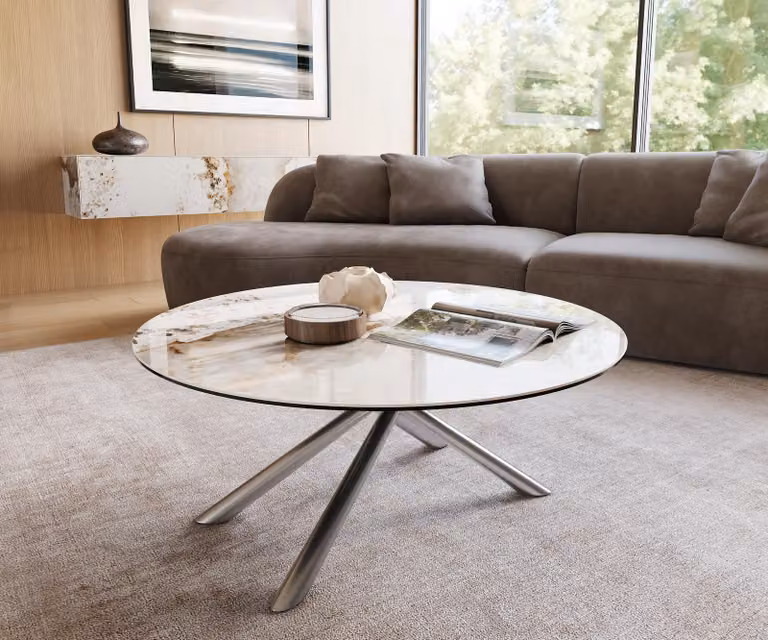 Tavolino DELIFE Edge, forma rotonda, 100x100 cm, piano in Vetroceramica Minas Melange, struttura in acciaio inossidabile spazzolato Sarity