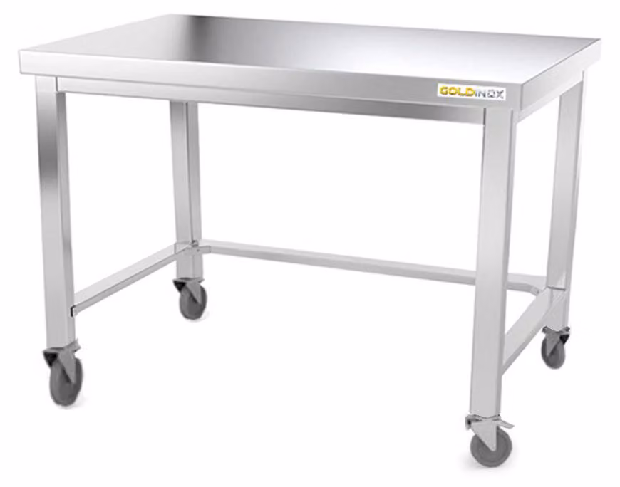 Tavolo da lavoro in acciaio inossidabile, base da 1200 x 600 mm, con rinforzi e dotato di rotelle, serie PREMIUM - GOLDINOX
