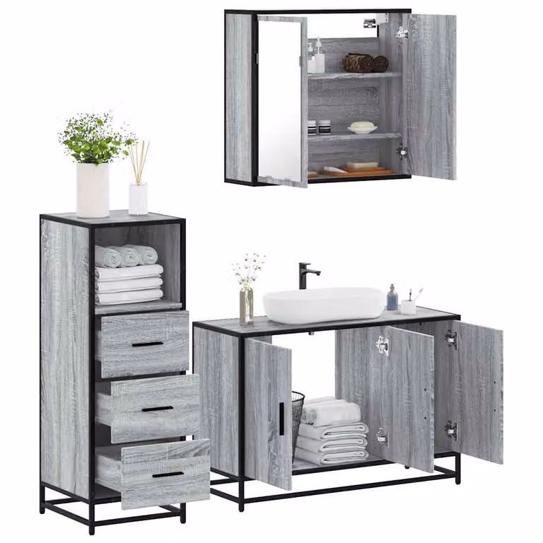 Set di mobili da bagno industrial vidaXL in 3 pezzi colore grigio con mobile lavabo, pensile con specchio e mobile laterale in legno e metallo