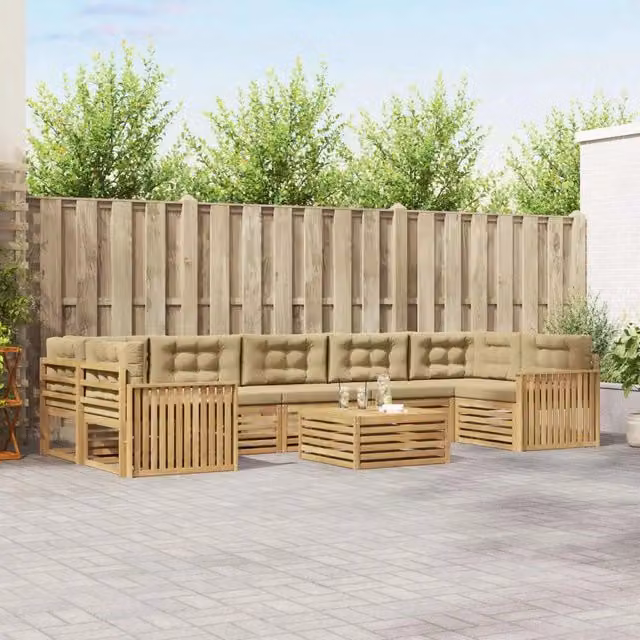 Set di divani da esterno vidaXL a forma di U con tavolo da caffè, in legno di acacia trattato, colore bianco e beige – 1