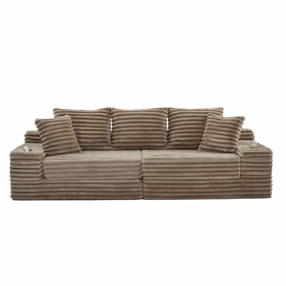Divano letto estraibile Minimal beige in tessuto con cuscini e funzione notte per il tuo soggiorno – 2