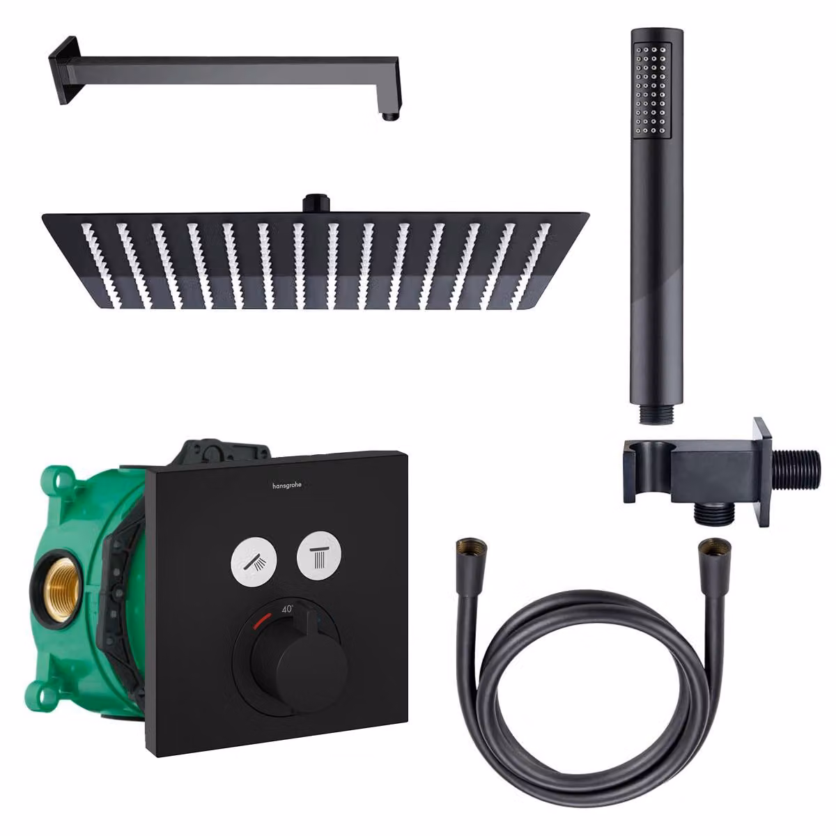Set doccia Belvit con soffione a pioggia, doccetta e flessibile, con termostato da incasso Hansgrohe LivaFine angolare nero, iBox universal inclusa