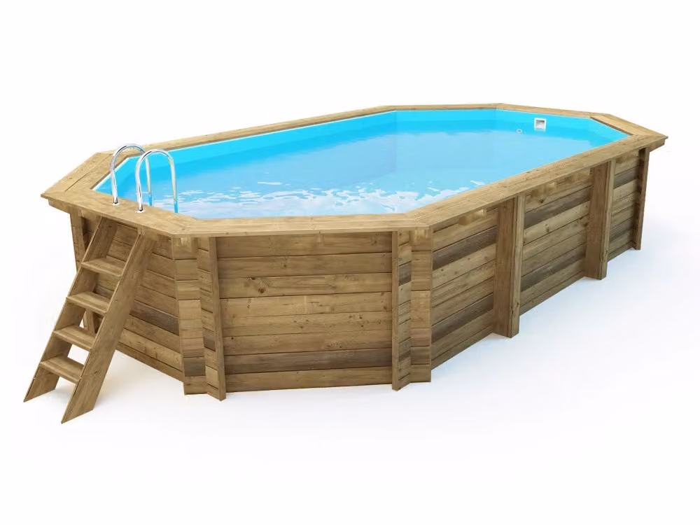 Piscina fuori terra ovale in legno Northern Brazilia 145 di colore blu L: 5,86 m, P: 3,86 m, H: 1,44 m – 2
