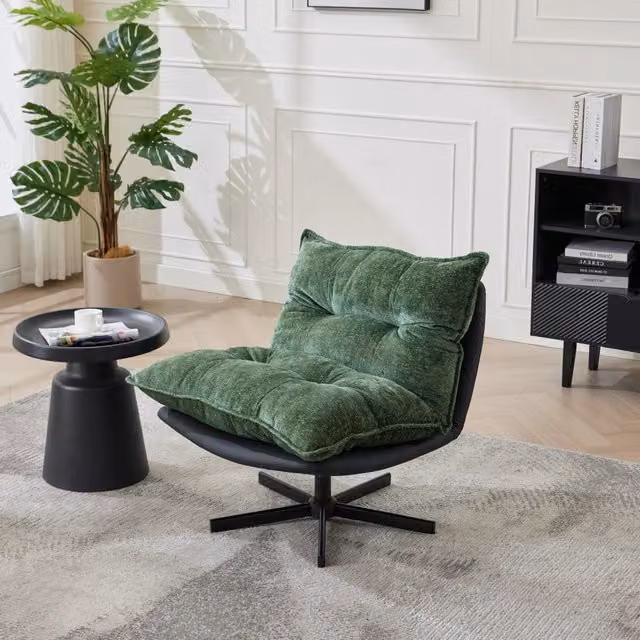 Poltrona relax girevole OKWISH con schienale reclinabile, seduta in ciniglia e similpelle verde scuro e nero