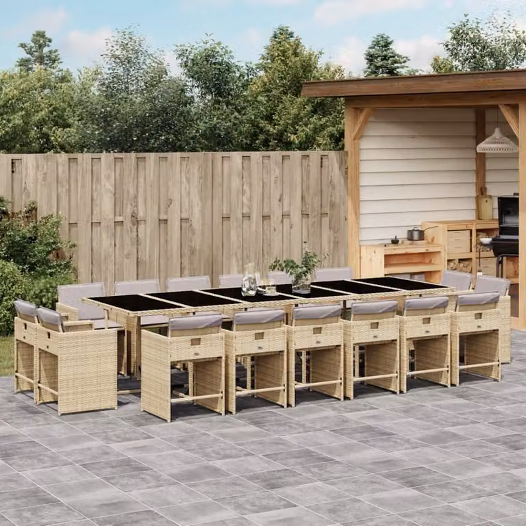 Set Pranzo da Giardino vidaXL 17 pz in Polyrattan con Cuscini Beige e Piano in Vetro