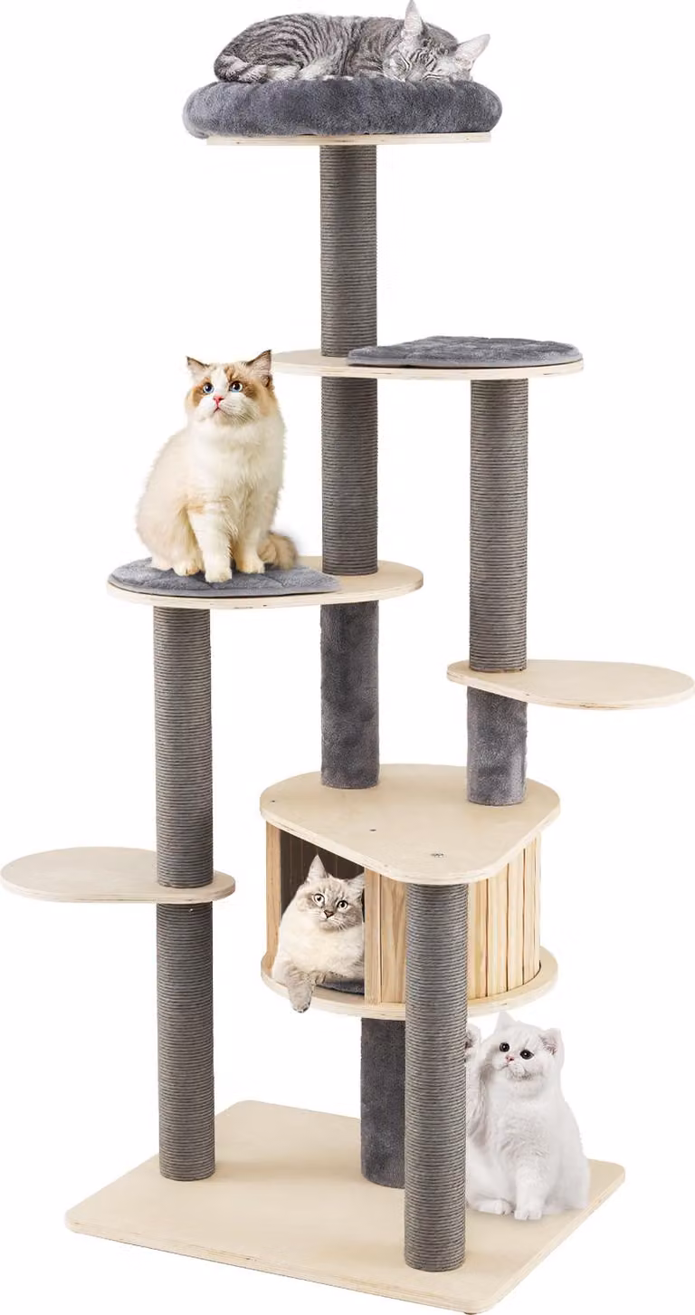 COSTWAY Tiragraffi grande, 172 cm, tiragraffi con tronchi spessi, piattaforme, cuccia per gatti, pali per graffiare, tappetini rimovibili e base grande, grigio+naturale