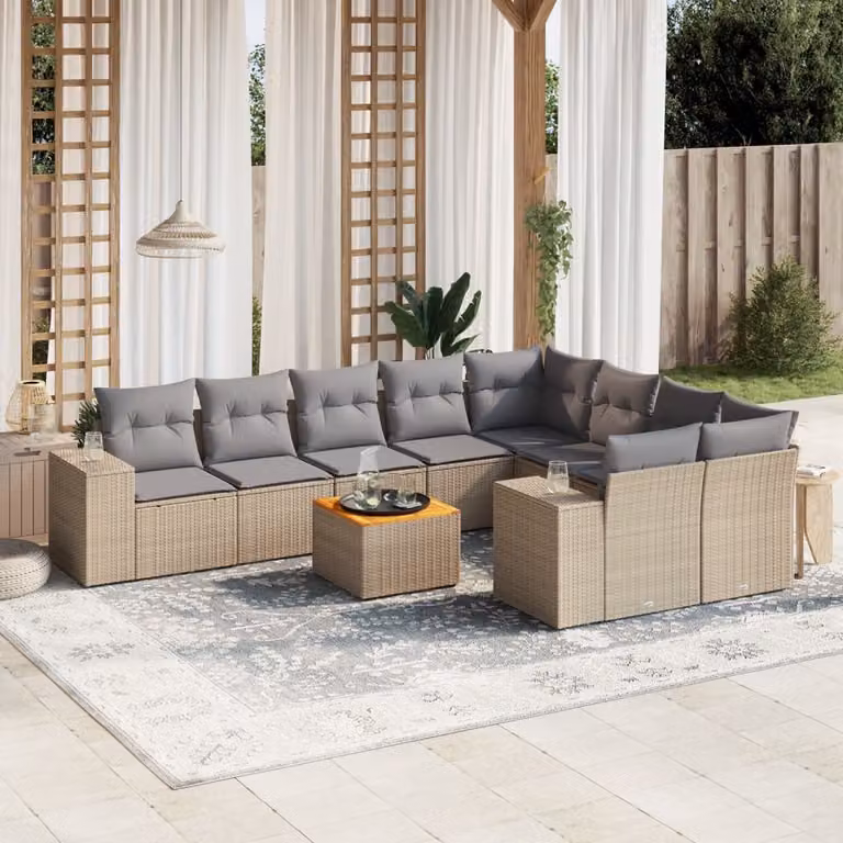 vidaXL Set Divano da Giardino 10 pz Moderno con Cuscini Beige e Tavolino, Struttura in Acciaio e Polyrattan per Terrazza e Giardino