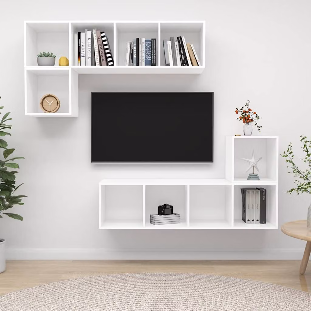 Set di mobili porta TV moderno vidaXL in 4 pezzi, colore bianco, in legno e MDF, da appendere alla parete per il tuo soggiorno