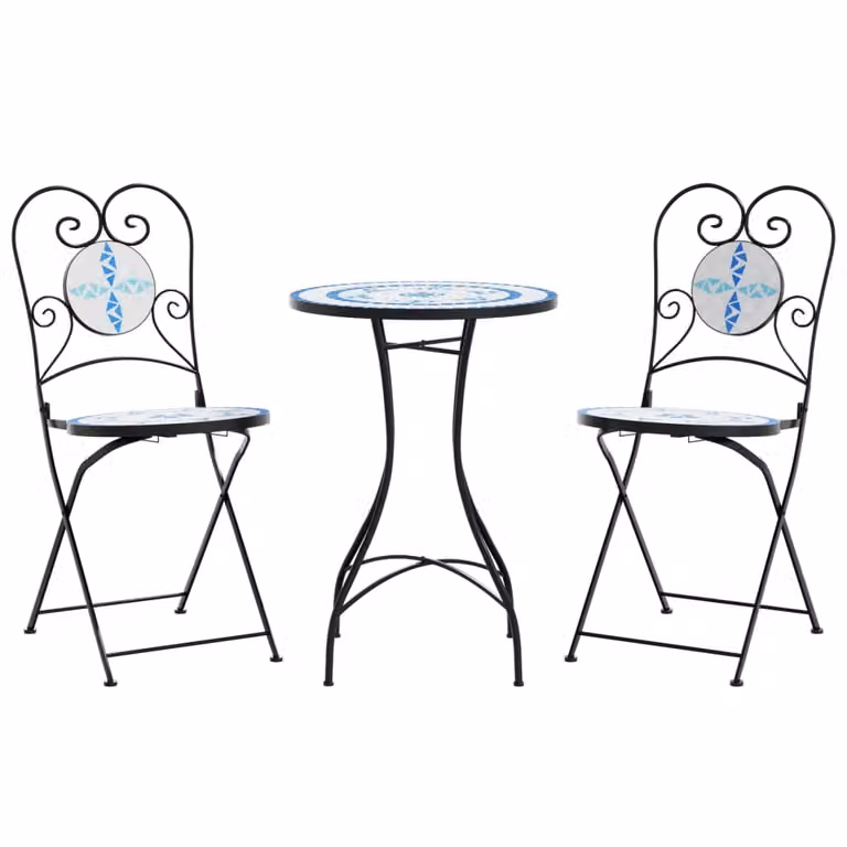 Set da Bistrot con Mosaico Blu e Bianco in Ferro e Ceramica