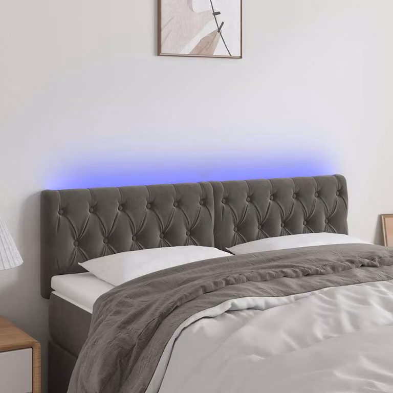 Testiera per letto vidaXL in velluto grigio scuro con illuminazione LED e porta di ricarica USB, L: 160 cm, P: 7 cm, H: 78-88 cm