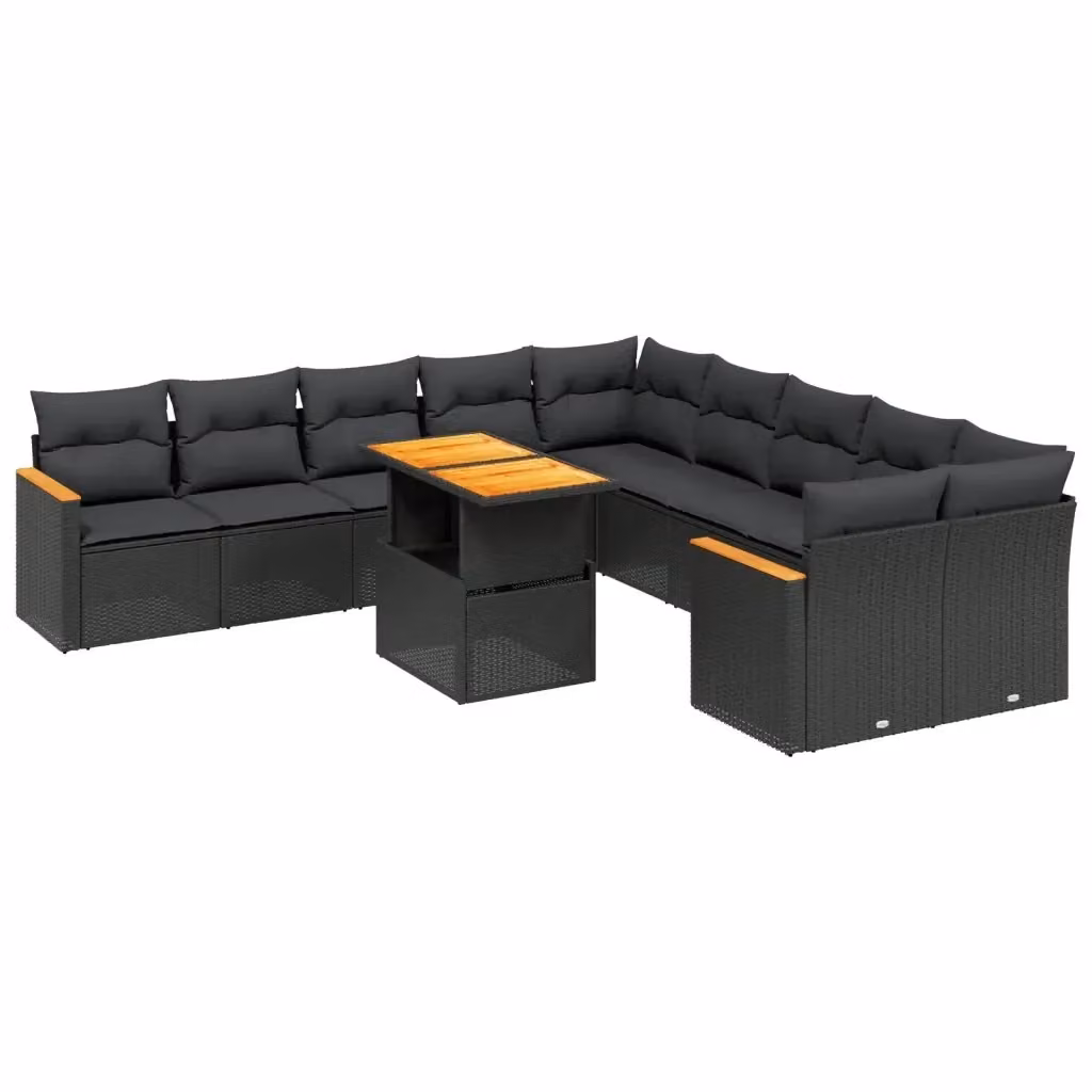 vidaXL Set Divani da Giardino 11 pz in Polyrattan Nero con Cuscini e Tavolino da Esterno a Forma di L – 2