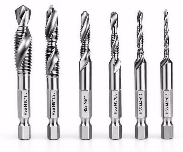 Set di 6 punte multifunzione per filettatura M3, M4, M5, M6, M8 e M10, con gambo esagonale da 6 mm