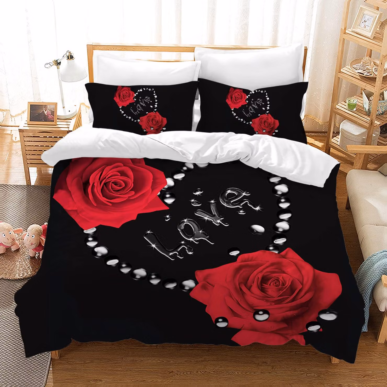 Set di lenzuola per piumino 3D con cerniera e 2 federe, motivo floreale a rose