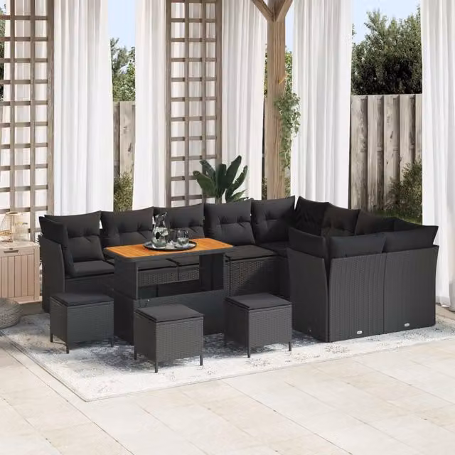 Set Divano da Giardino vidaXL 13 Pezzi Nero con Cuscini e Tavolino in Polyrattan e Acciaio – 1