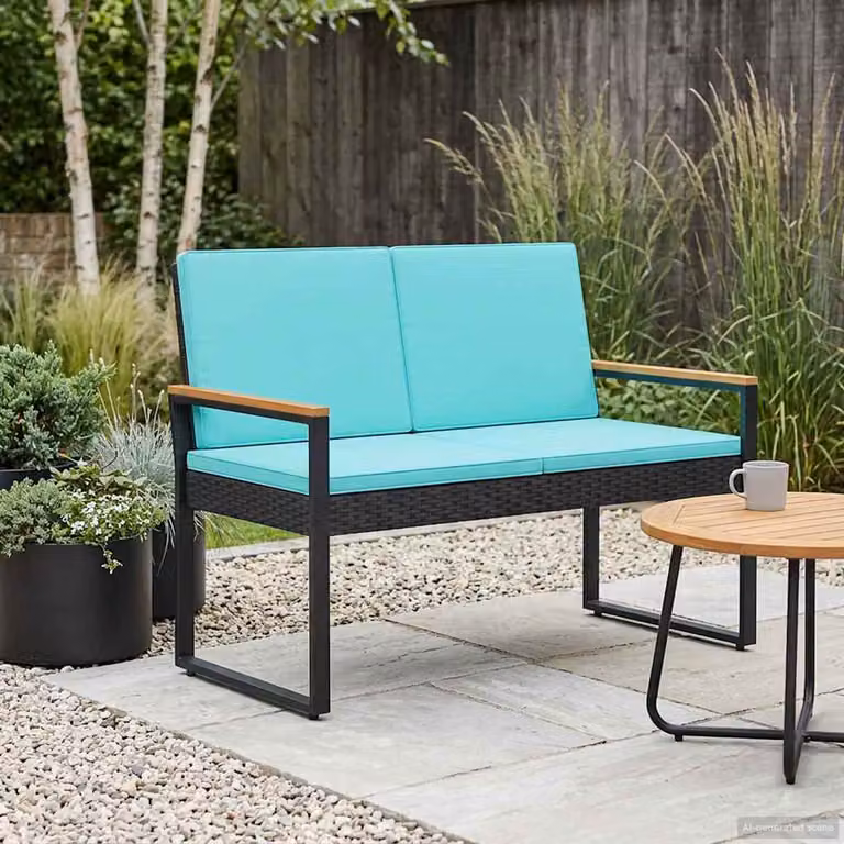 Panchina da esterno a 2 posti vidaXL in rattan e metallo con braccioli, colore nero e turchese, L: 107 cm, P: 61 cm, H: 80 cm