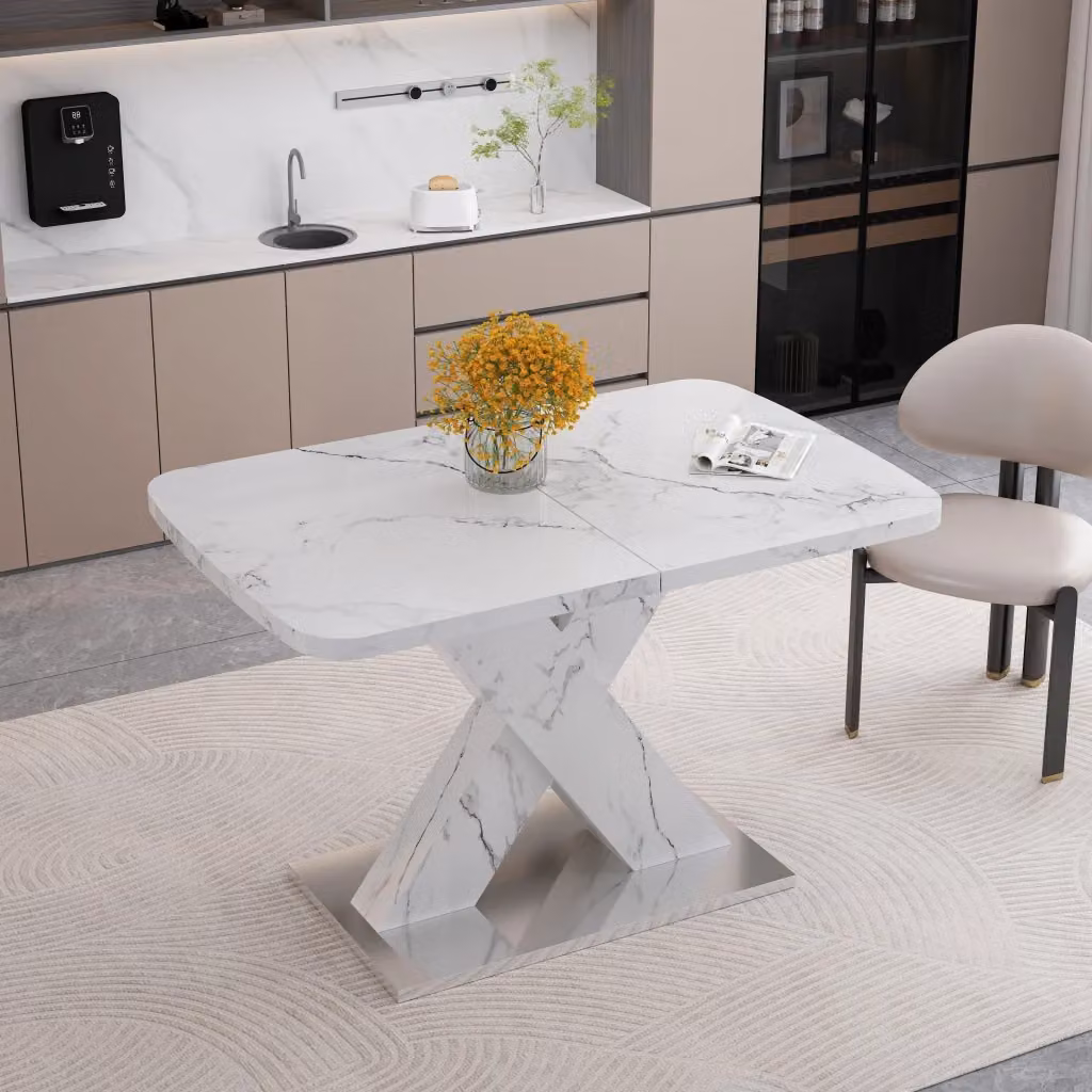 Tavolo da pranzo allungabile Mivray moderno con piano in MDF bianco lucido e base in metallo L/P/H: 120-160 x 80 x 76.5 cm – 2