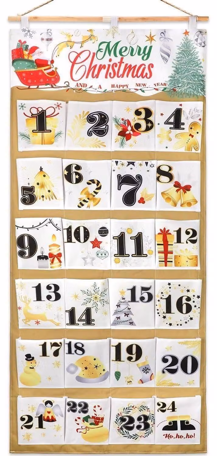 Calendario dell'Avvento grande, in tessuto, riutilizzabile, con 24 sacchetti neri, dorati e argentati