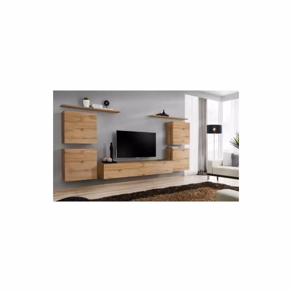 Composizione murale SWITCH IV Meublorama in Rovere Wotan, mobile TV con blocchi sospesi e scaffali, stile moderno naturale, colore marrone – 2
