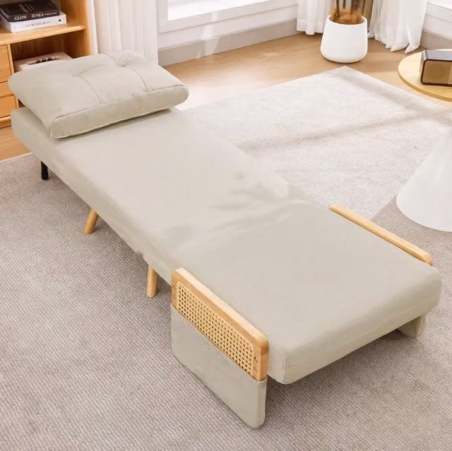 Poltrona letto 3 in 1 ULEVR beige con schienale regolabile in 5 posizioni, braccioli in rattan e cuscino