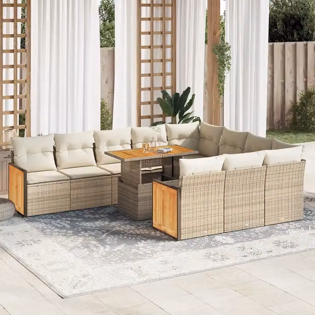 Set di Divani da Giardino a L vidaXL in Polyrattan e Legno di Acacia con Cuscini Beige e Tavolino da Esterno 11 Pezzi