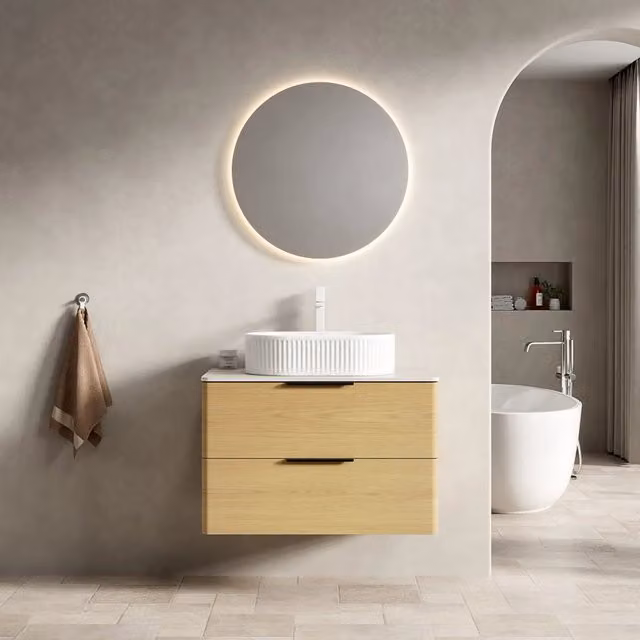 Mobile bagno sospeso con lavabo ovale in ceramica, piano effetto travertino e due cassetti