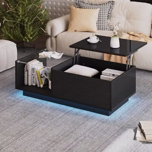 Tavolino da caffè nero con piano alzabile, LED RGB controllati da app, 2 cassetti e vano contenitore 100x50x33 cm