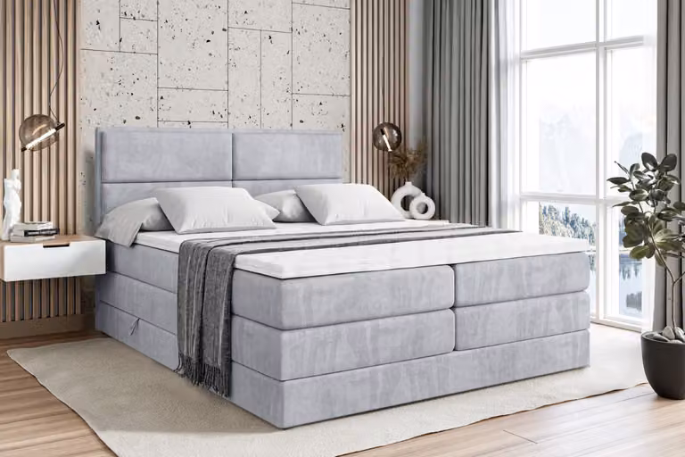 Letto boxspring ALTDECOR con 2 materassi e topper - 140x200 cm - AURA KING - Velluto grigio chiaro - Letto imbottito con materassi H3 e H4, contenitore e rete a doghe, letto con spazio contenitivo