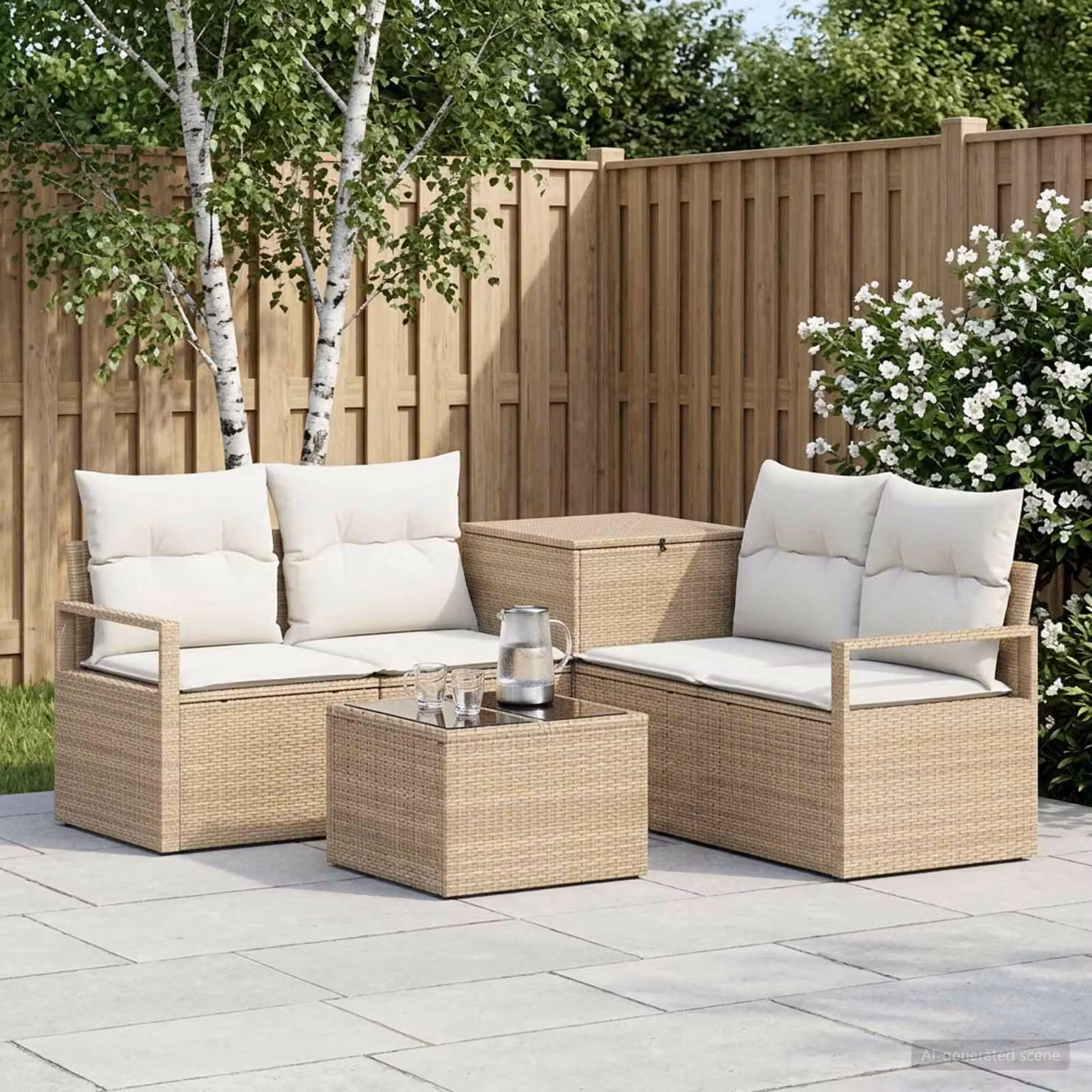 Set di divani da giardino vidaXL in polyrattan beige e bianco crema con tavolo da caffè e pouf coordinato