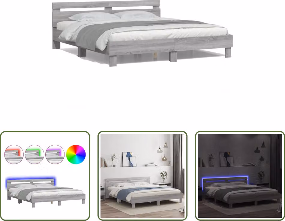The Living Store Struttura letto con testiera e illuminazione a LED Grey Sonoma