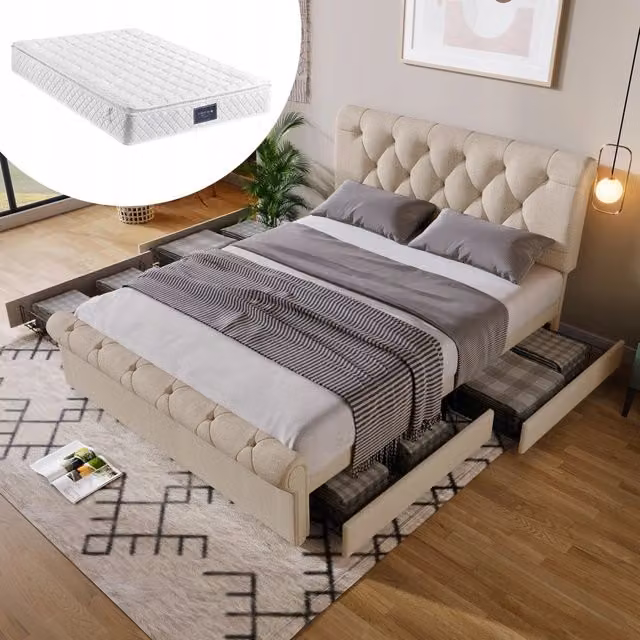 Letto imbottito 140x200 - Xylo - Con cassetti e testiera regolabile