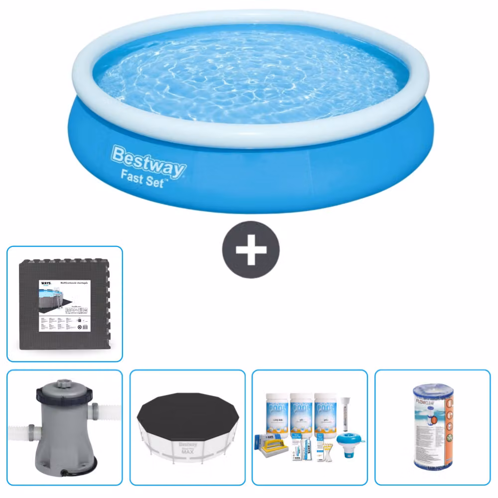 Bestway piscina gonfiabile rotonda ad ambientazione rapida - 366 x 76 cm - blu - inclusa copertura della pompa - pacchetto manutenzione - filtro - piastrelle per il pavimento