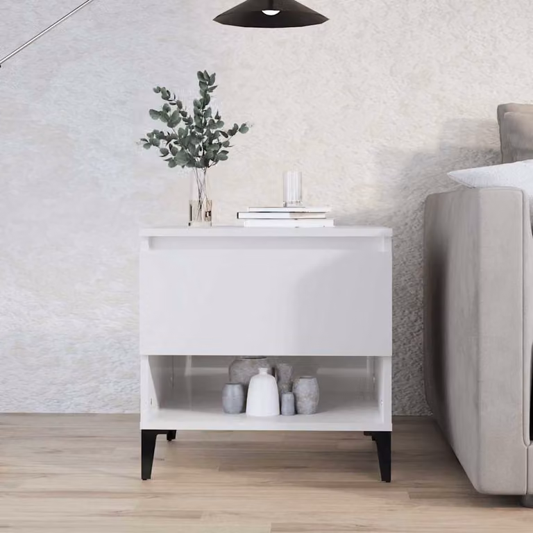 vidaXL Tavolino Quadrato Bianco Lucido in Legno e Metallo L: 50 cm, P: 46 cm, H: 50 cm
