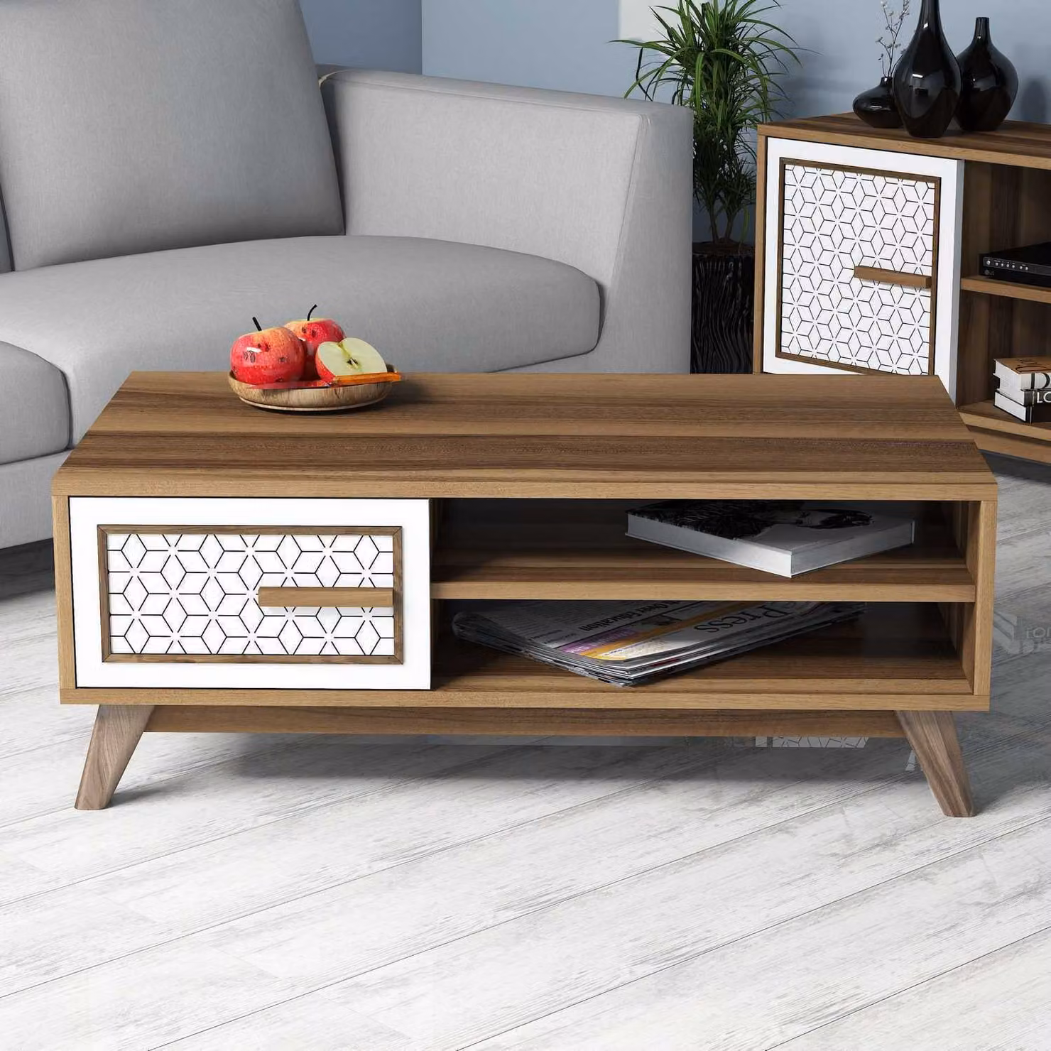 Skye Decor, Ayla - Noce, Bianco, Tavolino, Noce, 100% PANNELLI DI PARTICELLE RIVESTITI IN MELAMMINA, 105 x 60 x 38,2 cm
