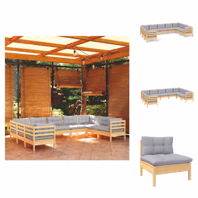 vidaXL Set 9 pezzi da giardino con cuscini grigi in legno di pino - Set di mobili da giardino