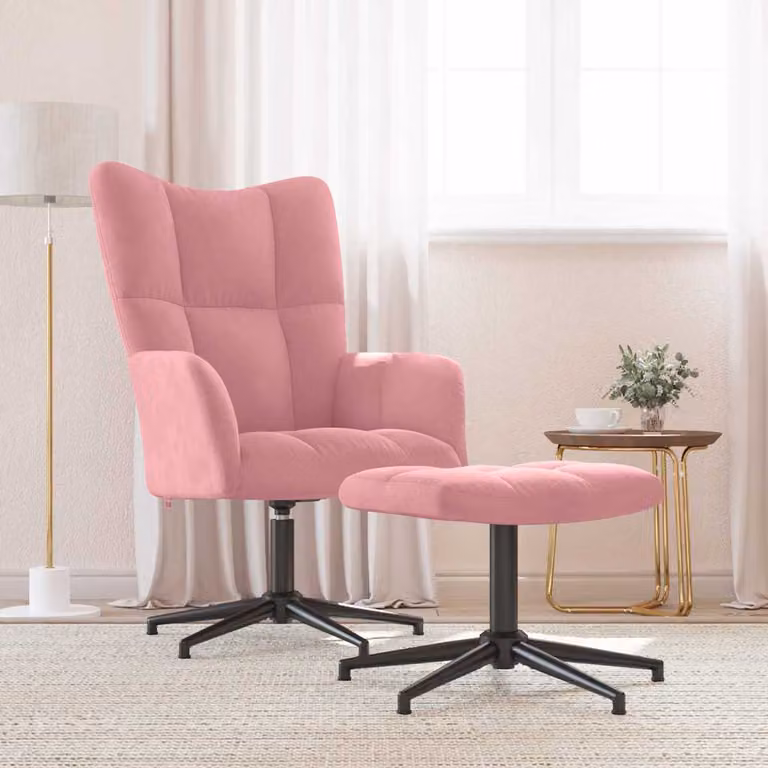 vidaXL Poltrona Relax con Poggiapiedi Rosa in Velluto, Sedia Girevole 360 Gradi con Braccioli e Struttura in Metallo