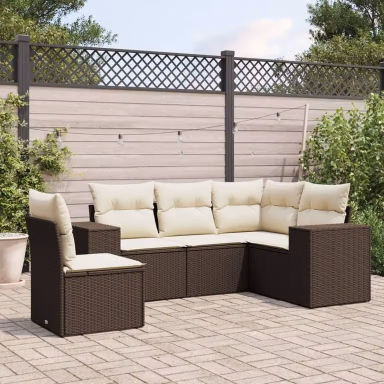 vidaXL Set Divano da Giardino a L 5 pz con Cuscini Marrone e Bianco in Polyrattan e Metallo