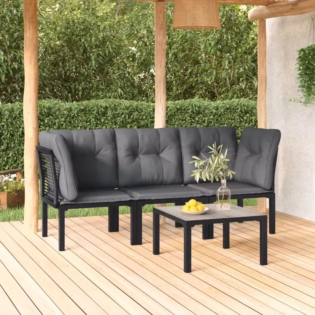 Set Salotto da Giardino Moderno 4 Pezzi in Polyrattan Nero e Grigio con Cuscini Imbottiti e Tavolino da Caffè – 2