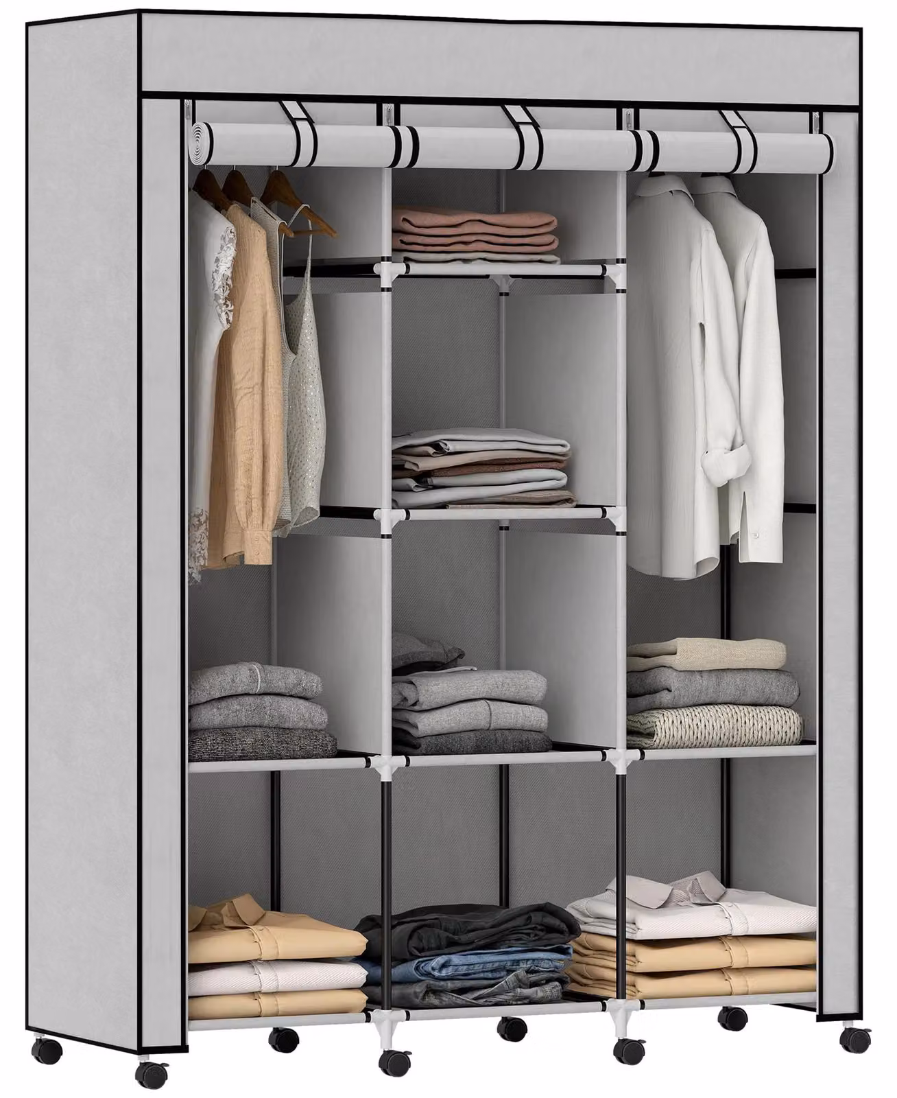 Armadio in tessuto – Armadio pieghevole – Barra appendiabiti e ripiani – Struttura in metallo – Portata massima: 55 kg – Dimensioni: 125 x 43 x 162,5 cm – Grigio chiaro