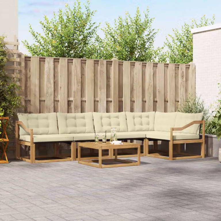 Set di divani da esterno vidaXL 6 pz in legno di acacia con tavolino e cuscini, colore bianco e beige