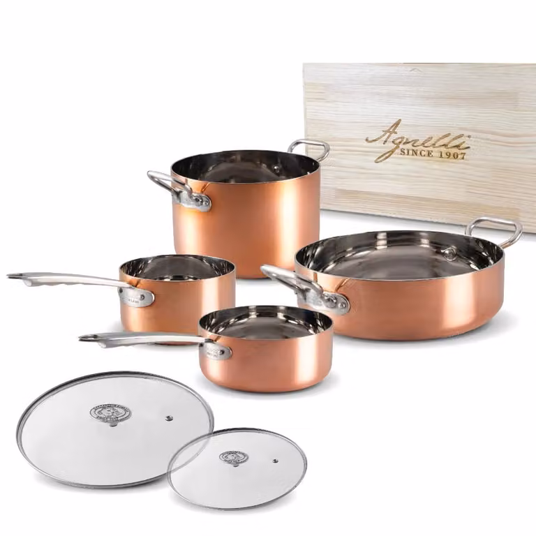 Batteria pentole in rame Agnelli per induzione - 6 pezzi con scatola in legno