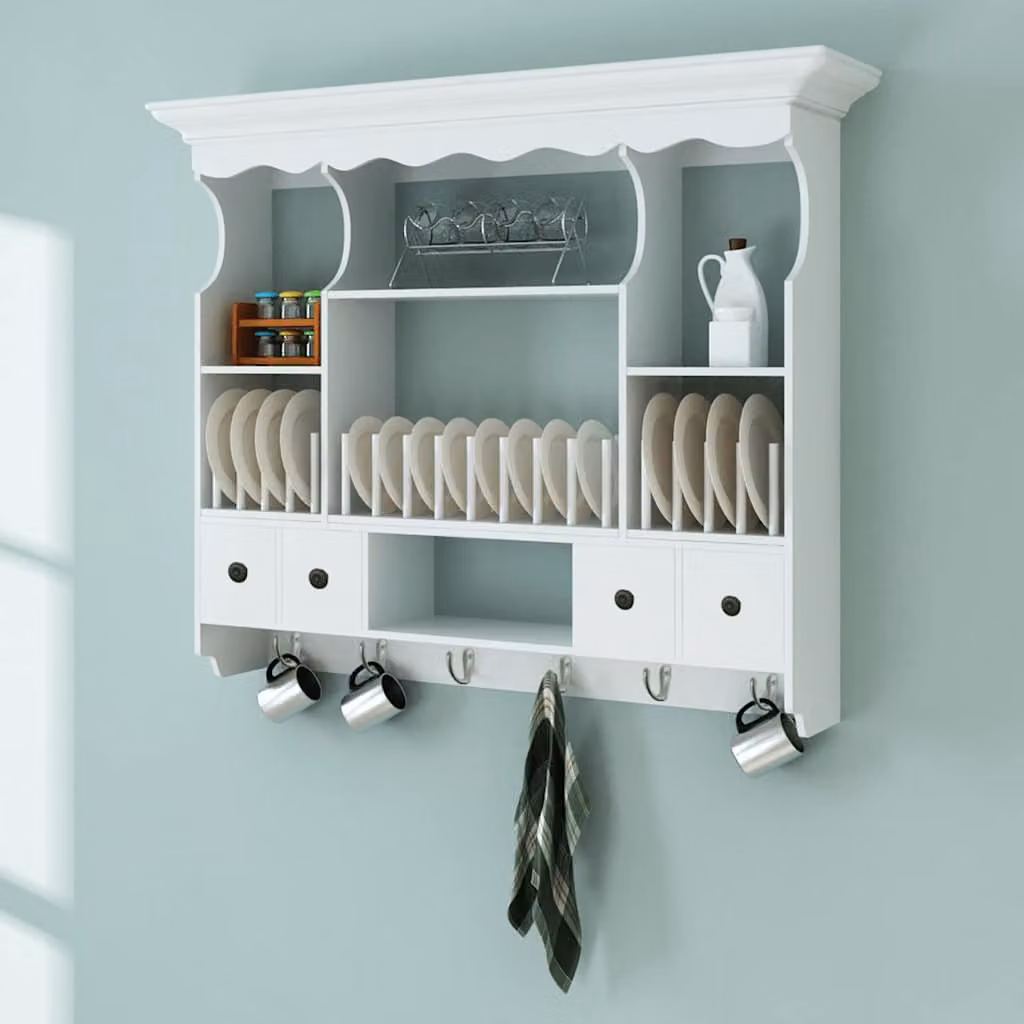 Pensile da cucina vidaXL in legno bianco con ripiani interni e porta bicchieri, L: 90,5 cm, H: 70,3 cm, P: 22,5 cm