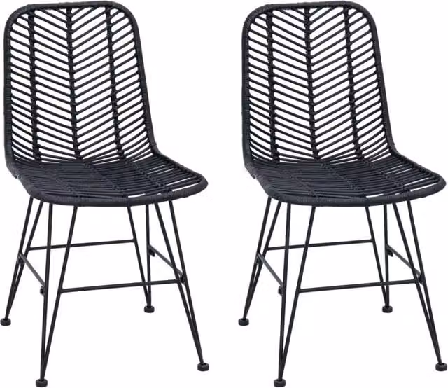 Sedia da pranzo 2 pz | Sedie da cucina Rattan e Ferro Nero 44,5 x 54,5 x 85 cm