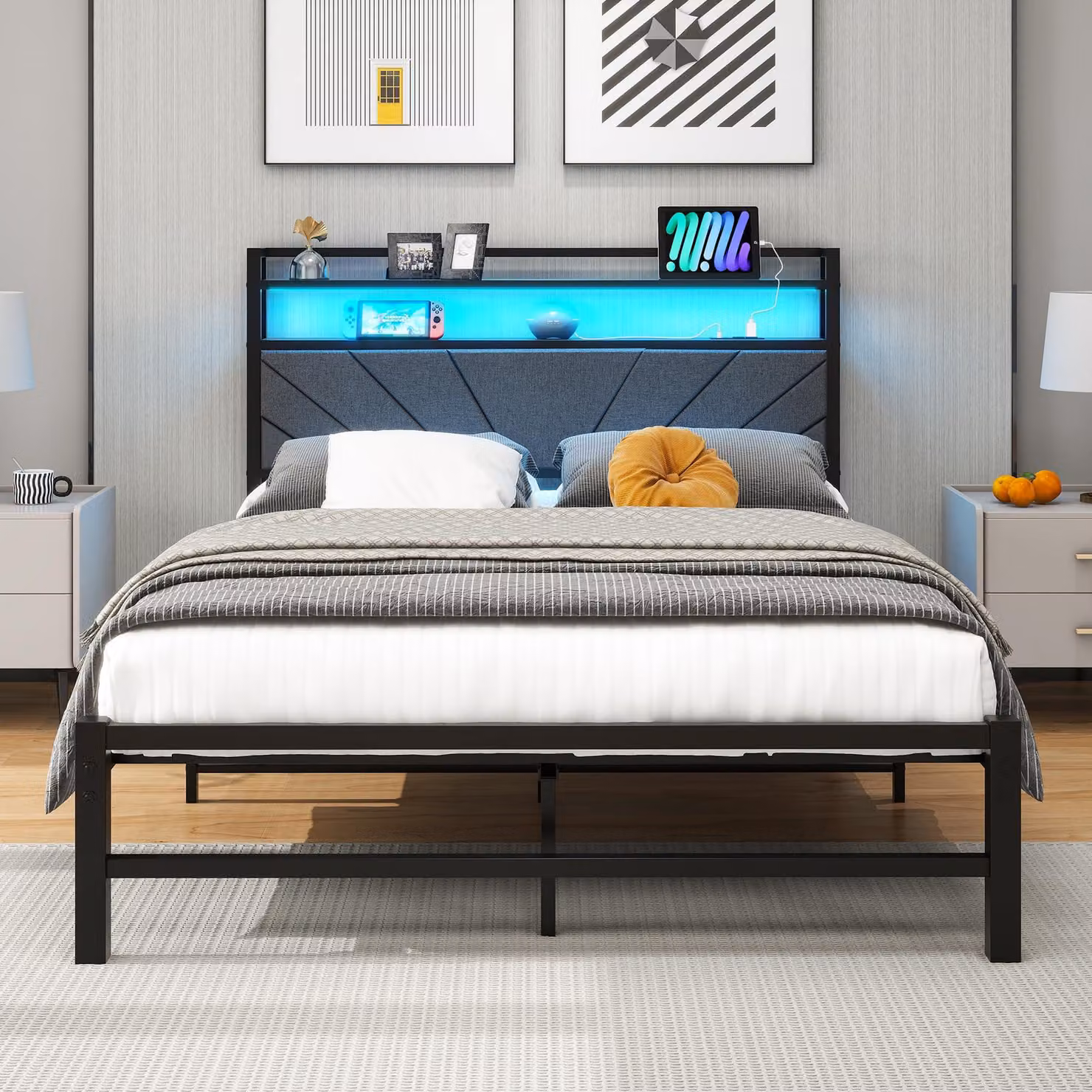 Letto matrimoniale in metallo, 120x200 cm, con illuminazione a LED, base di ricarica e spazio contenitivo, color grigio scuro
