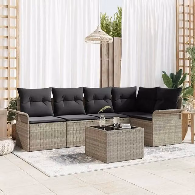 Set Divano da Giardino vidaXL a forma a U in Polyrattan Grigio con Tavolino e Cuscini