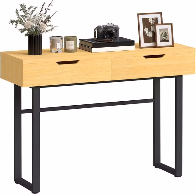 Tavolo consolle da ingresso moderno con 2 cassetti telaio in metallo salvaspazio per corridoio naturale 110 x 35 x 76,5 cm