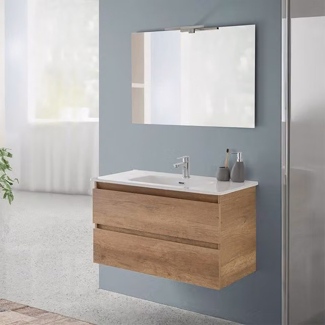 Mobile bagno sospeso Nadia INBAGNO in rovere naturale con lavabo, Larghezza: 90 cm