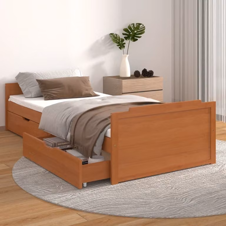 The Living Store Letto in legno massiccio con cassetti in pino marrone miele 90x200 cm