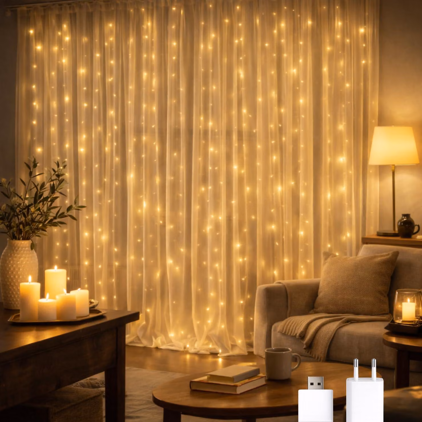Catena luminosa a LED per uso esterno, lunghezza 3 x 1 metro, luce bianco caldo 2700 K, grado di protezione IP65, alimentazione USB