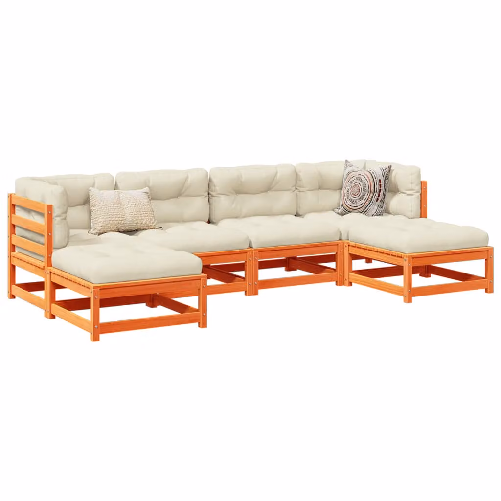 Set di Divani da Giardino vidaXL 6 Pezzi in Legno di Pino Massello Cerato Marrone con Cuscini Beige a Forma di L